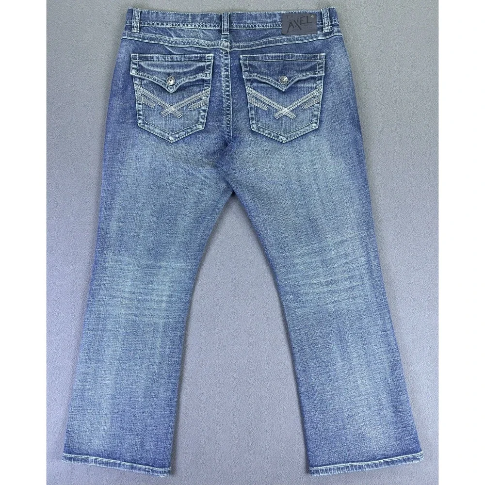 TK Axel Jeans Mens 38x32 Blue Vintage Bootcut Cowboy Flap Pocket Embroidered Y2K